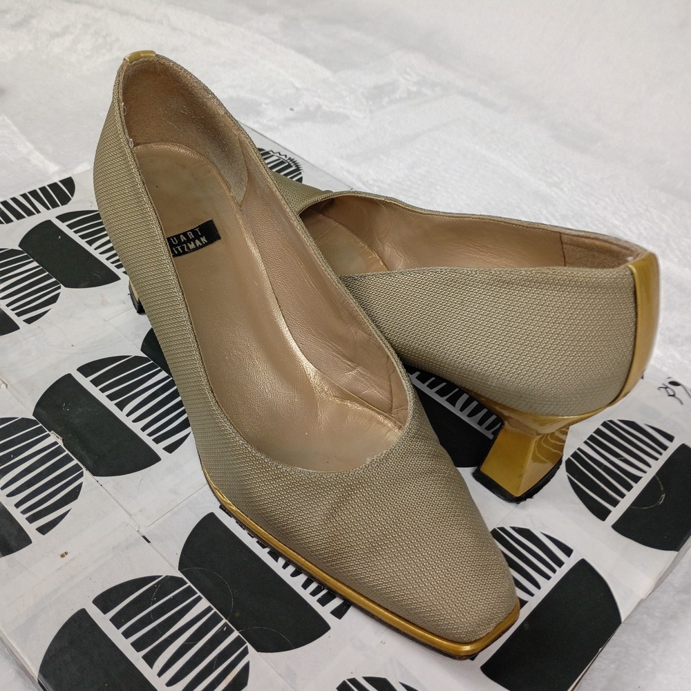 Stuart Weitzman Gold Woven Square Toe Block Heel Pumps‎ 5W62516 Mens 6 B